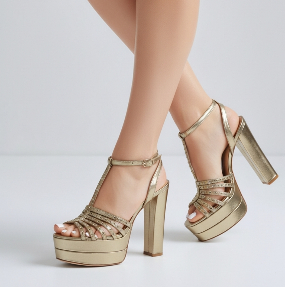 Valentino Love Latch Metallic Gold Platform High Hills Sandals Alba Sz 38 (B)